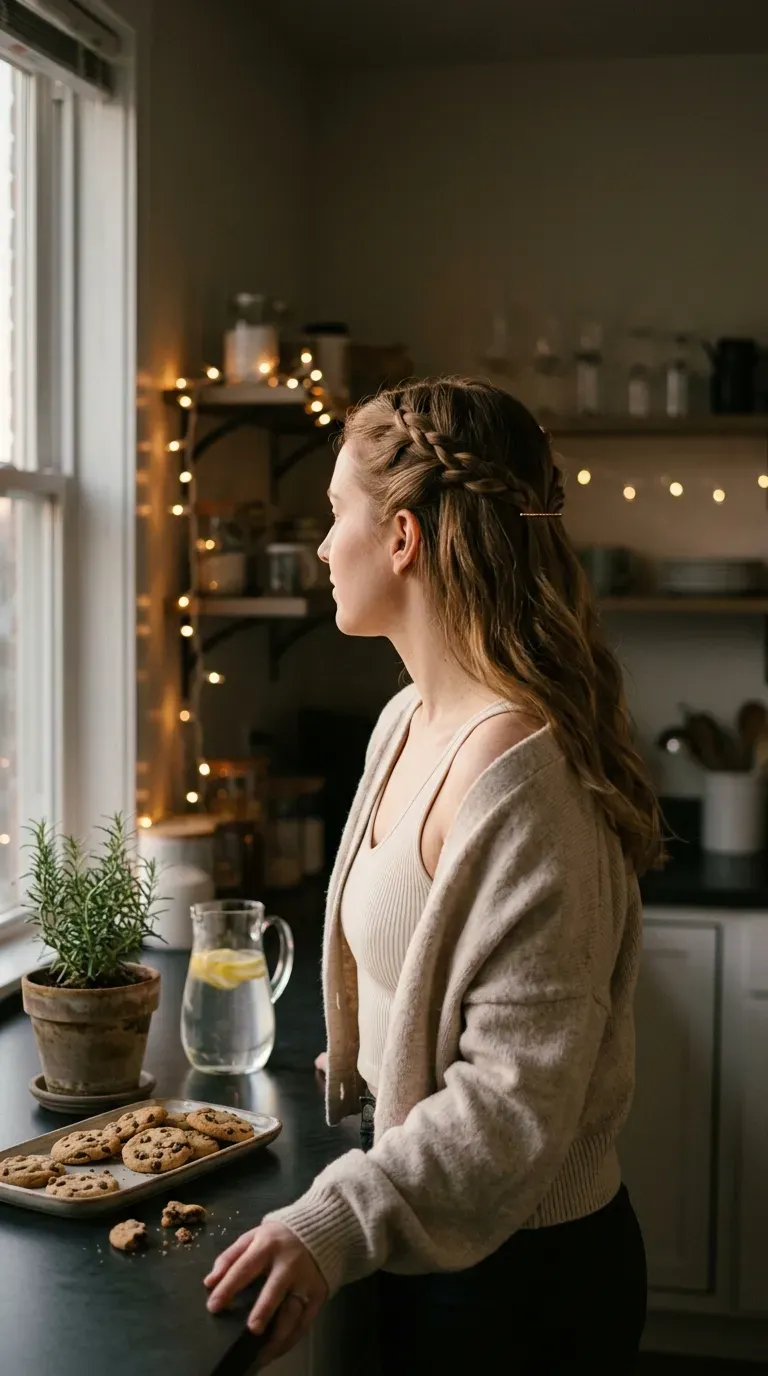 Three quarter view of half up braids joined at the back of the head