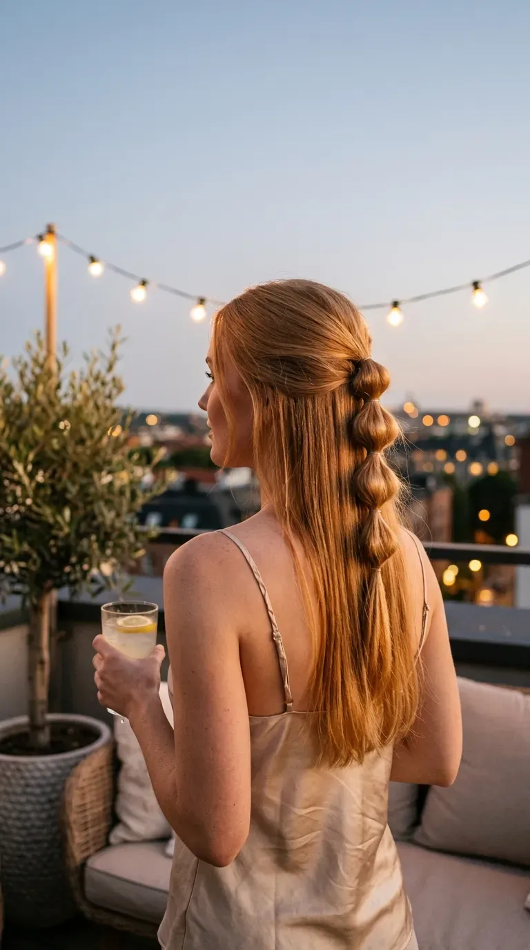 Back view of strawberry blonde half up bubble braid with clear elastics