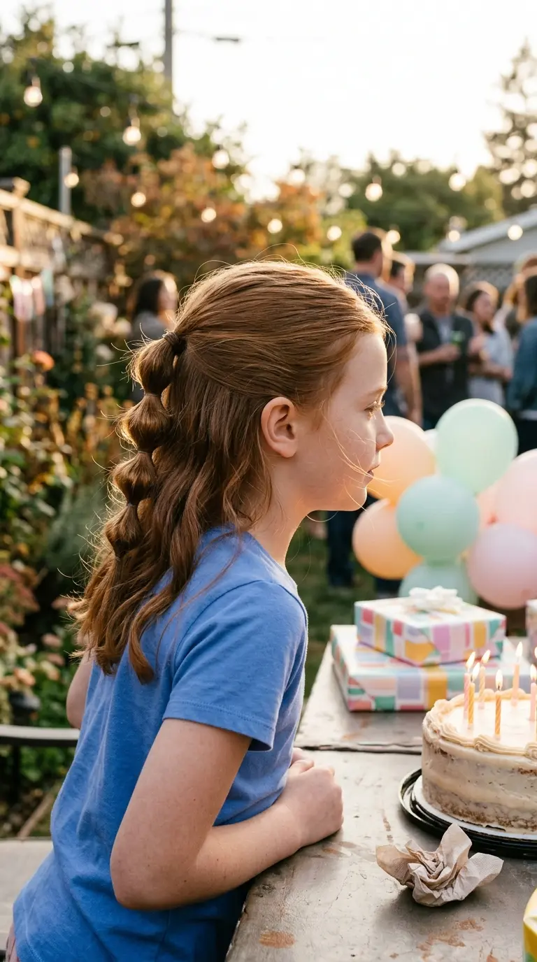 Side profile of a half up bubble braid at a child’s birthday party