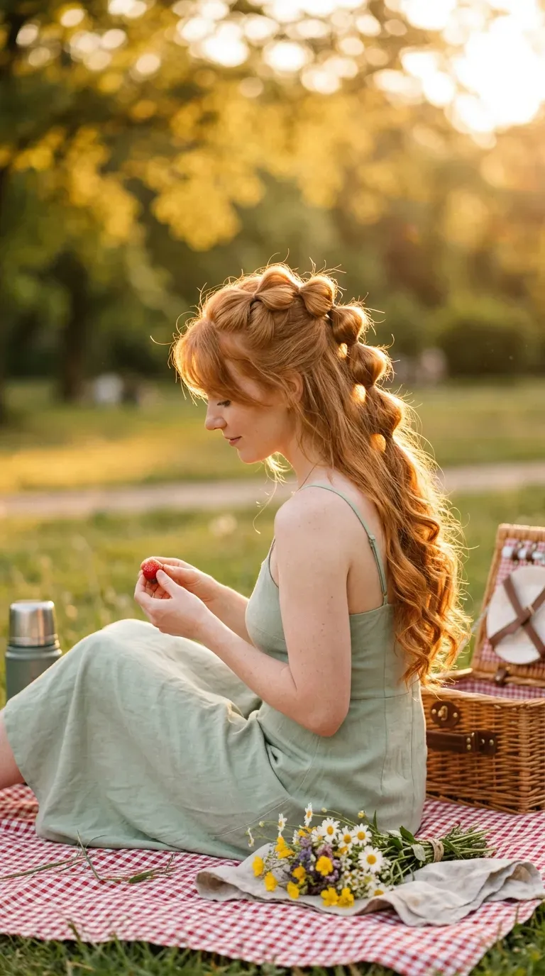 Side view of a half up bubble braid with loose lengths at a picnic
