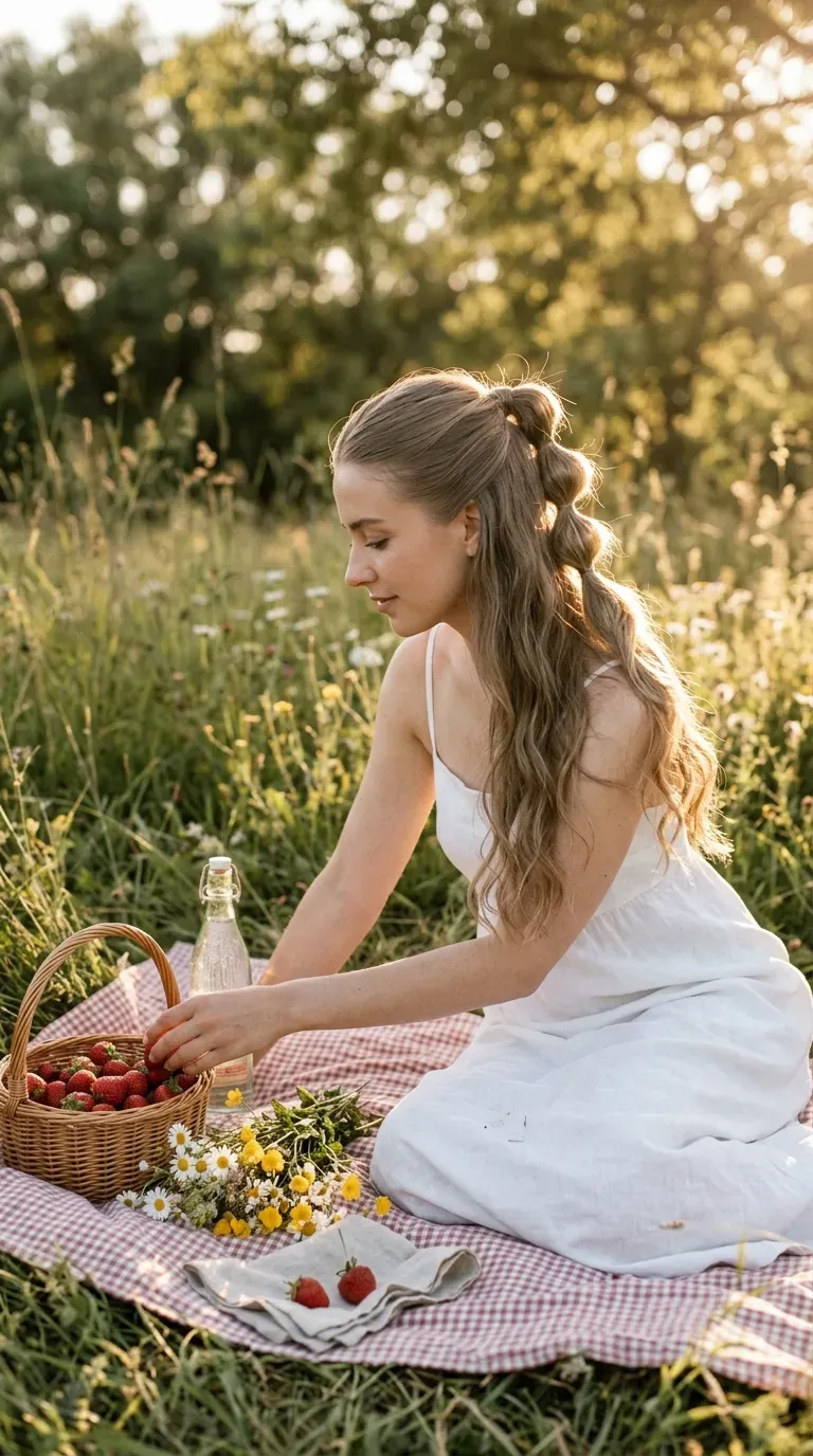 Side profile of a half up bubble ponytail on a woman at a meadow picnic