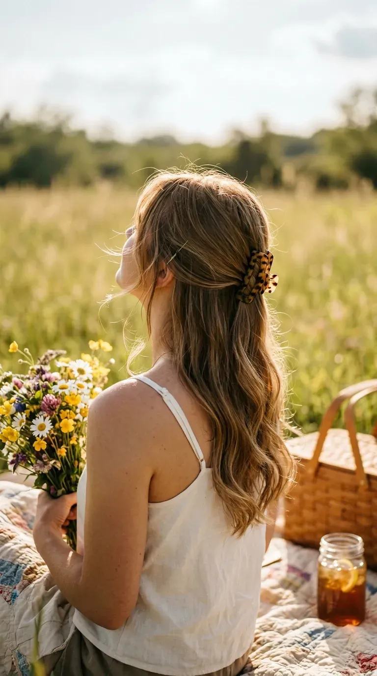 Three quarter view of a half up claw clip on layered hair in a meadow