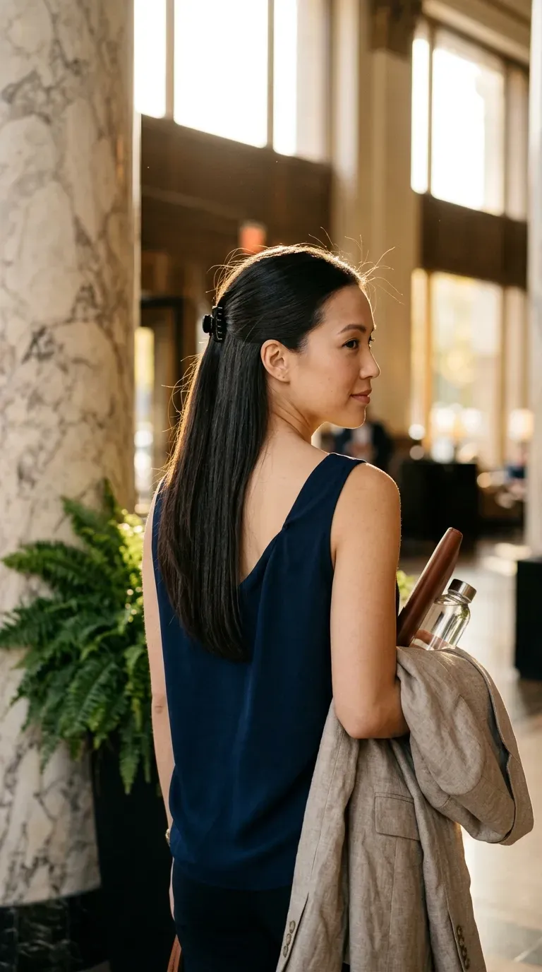 Over the shoulder view of a half up style with a small black clip