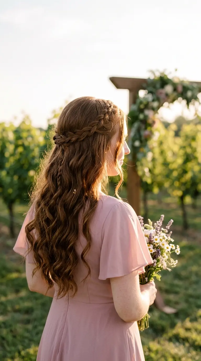 Side back view of a braid wrapping from each temple around the back of the head with long curls hanging below