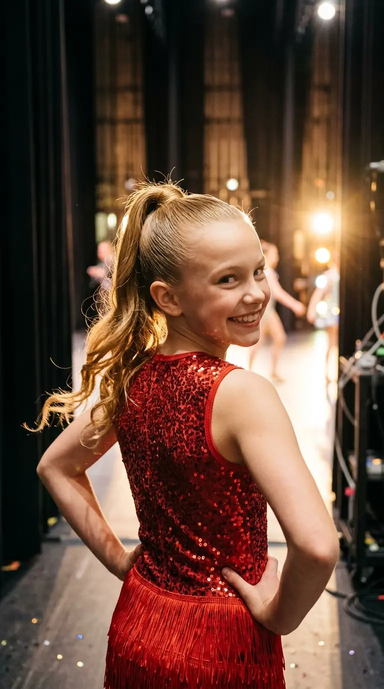 Three quarter back view of a tap dancer with bouncy curls and a half up section tied with a big satin bow