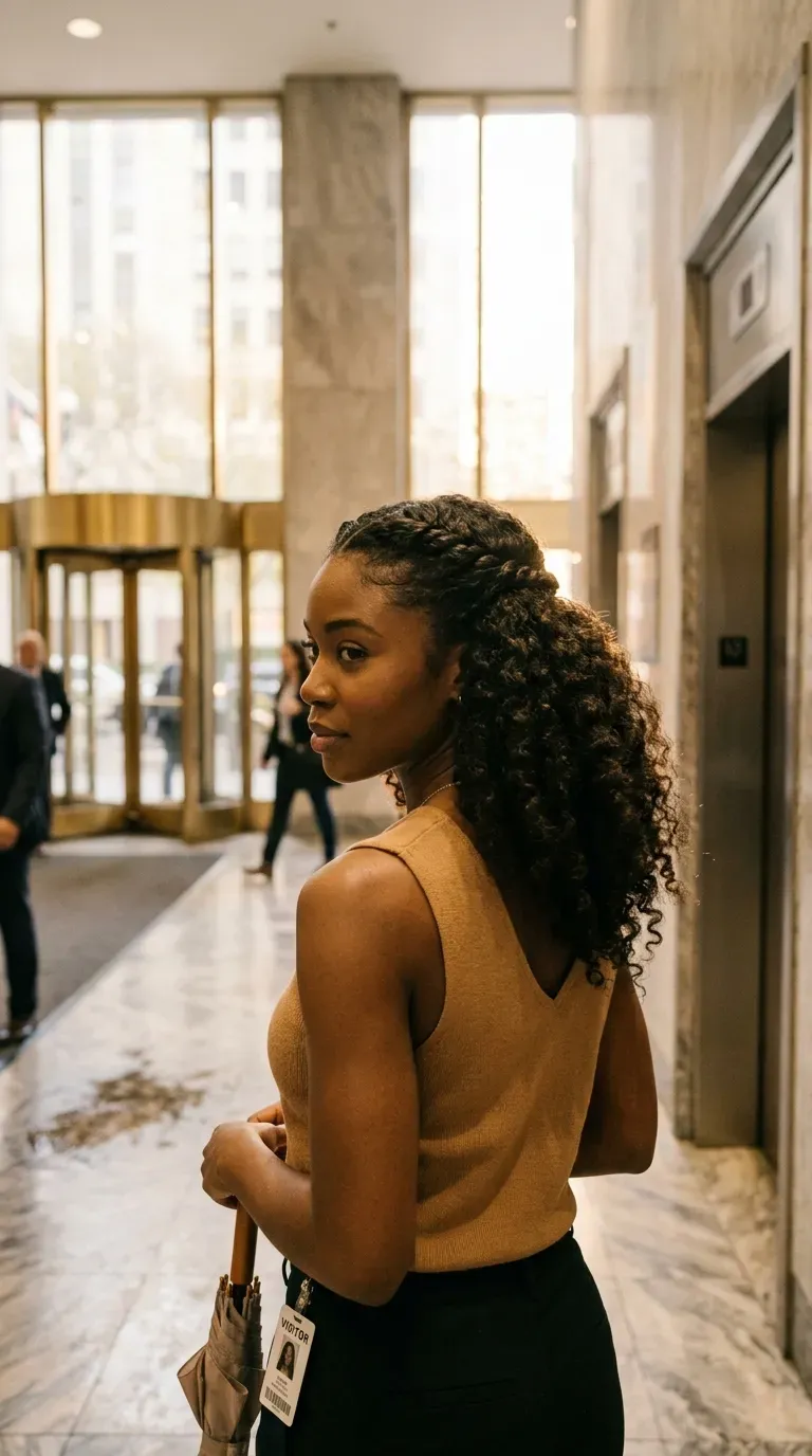 Over the shoulder view of half up curls with front twists in a marble lobby