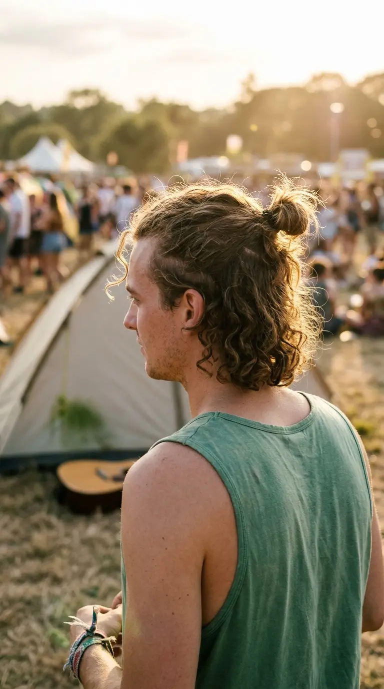 Three quarter back view of a man with a half up curly top knot