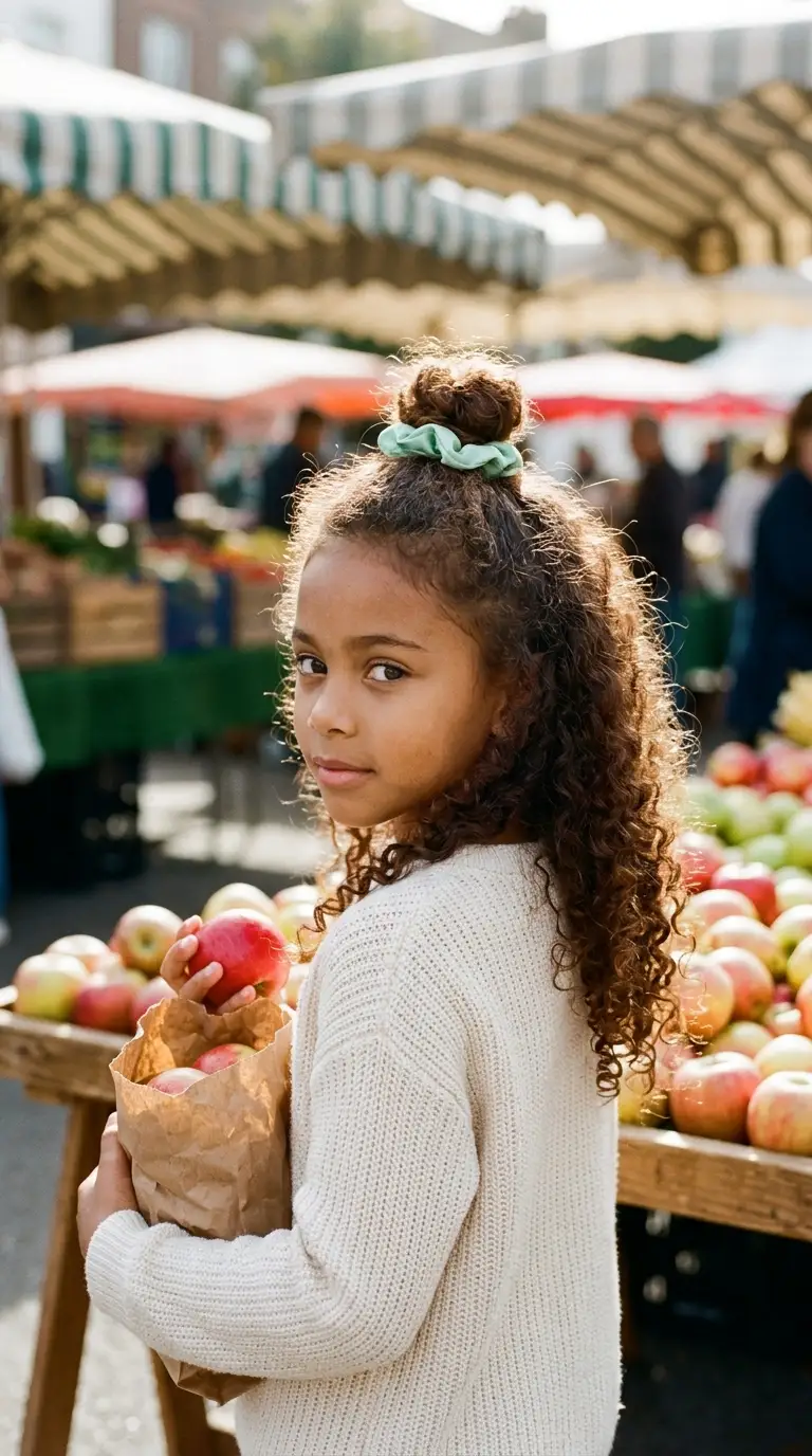 Over the shoulder view of a mixed girl with a half up curly top knot and loose curls at a farmers market