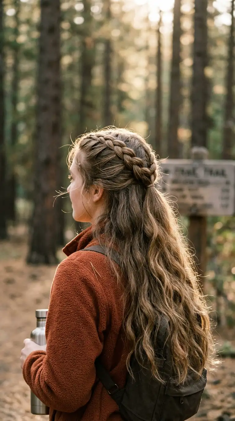 Back view of two raised Dutch braids running from the temples and joining at the back of the head above long hair