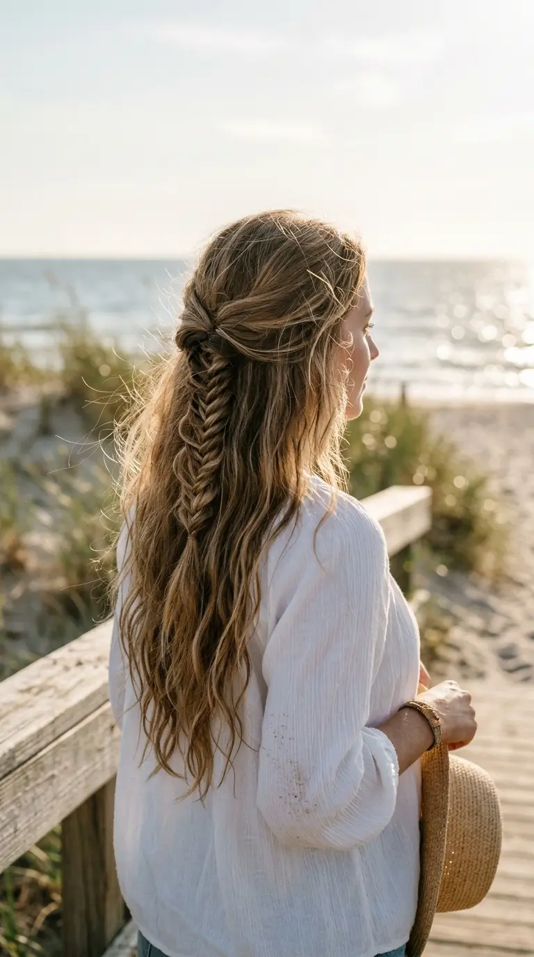 Back view of a loose fishtail braid hanging down the center of long wavy hair