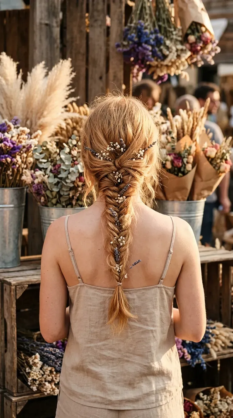 Half up fishtail crown braid on long brown waves at a meadow picnic