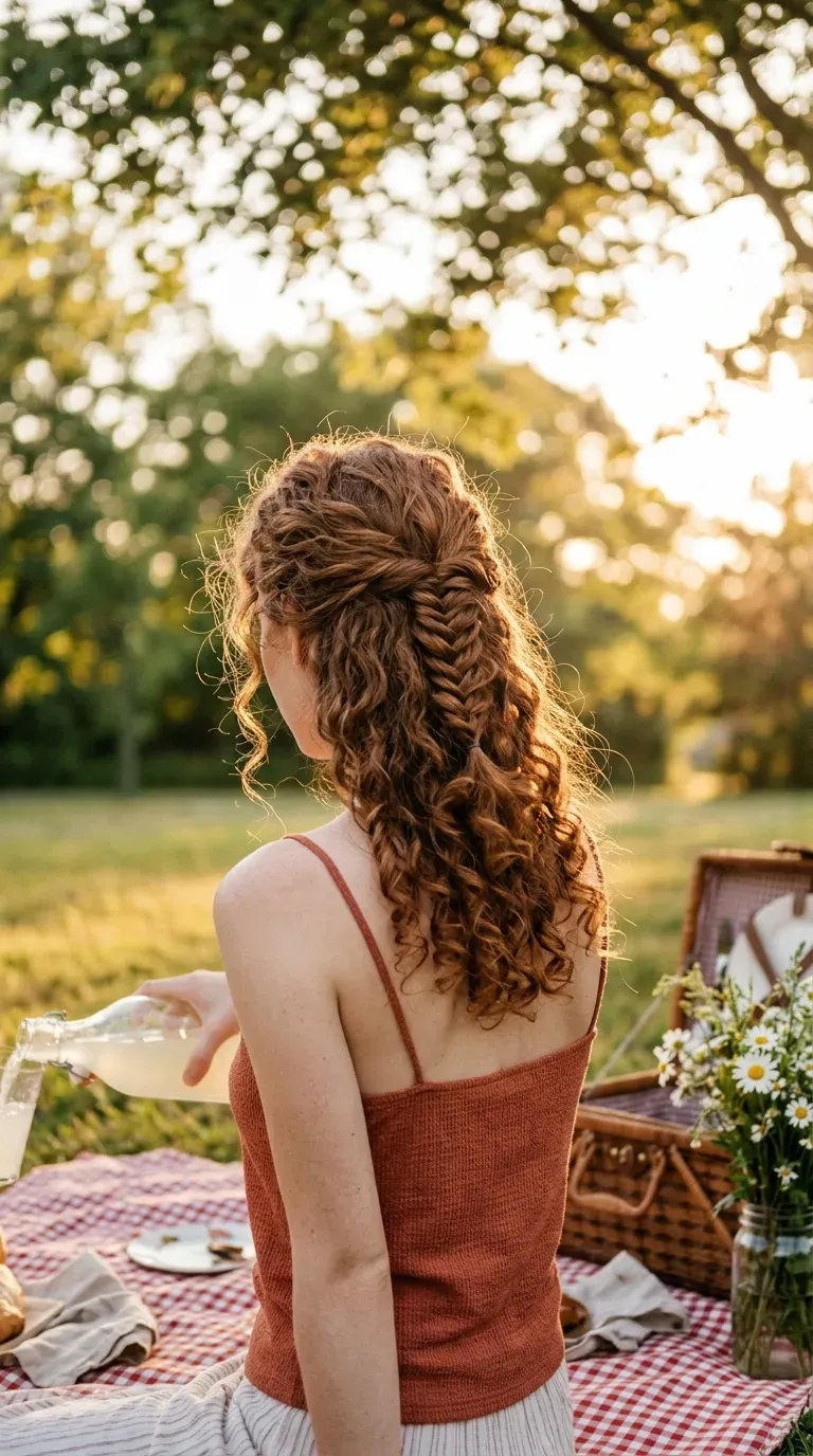 Back view of natural auburn curls with a loose fishtail braid at the crown