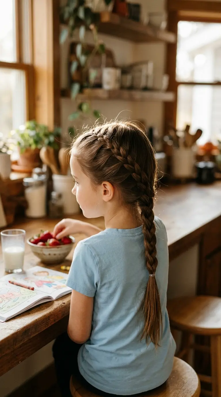 Three quarter back view of a girl with a half up French braid and long loose hair at a park bench