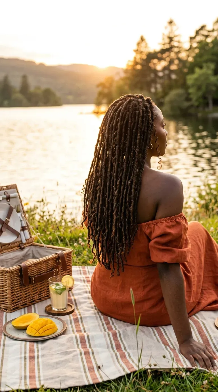 Half up goddess braids twisted into a top bun at a sunny home desk