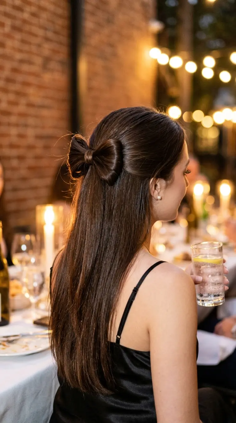 Three quarter back view of a bow made from the wearer's own hair sitting at the back of the head above long loose hair