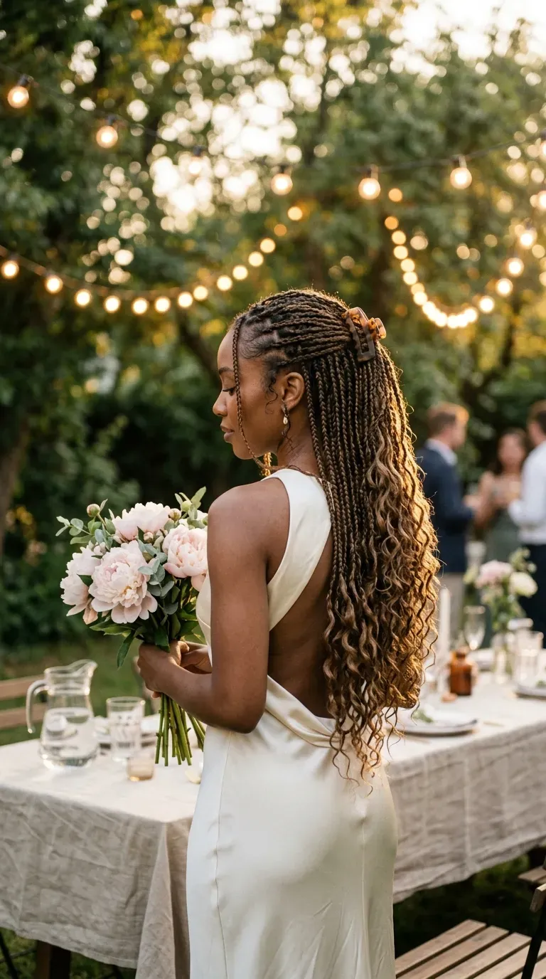 Three quarter back view of half up half down boho knotless braids with curly ends