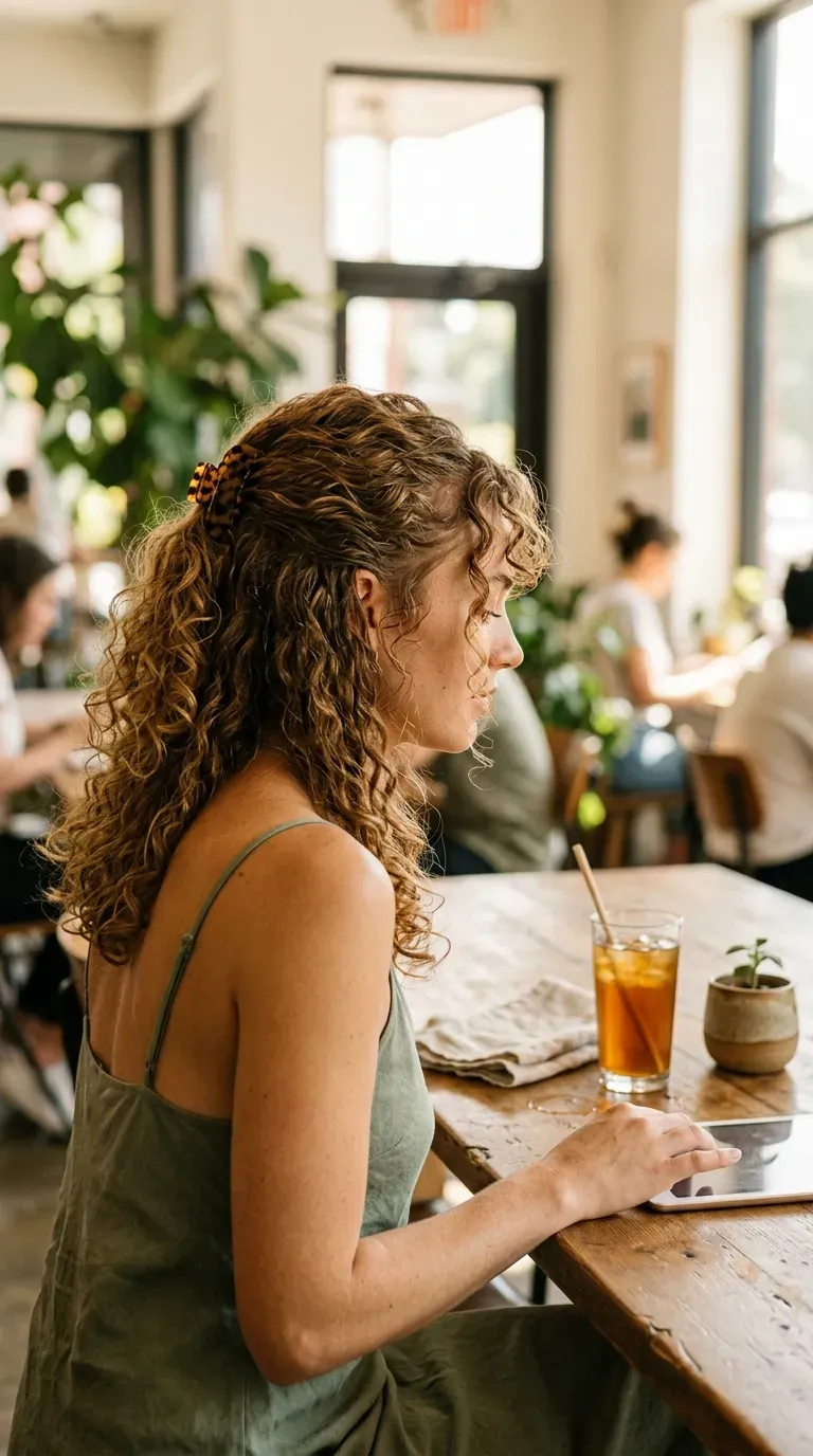 Side profile of defined half up curls clipped at the crown in cafe