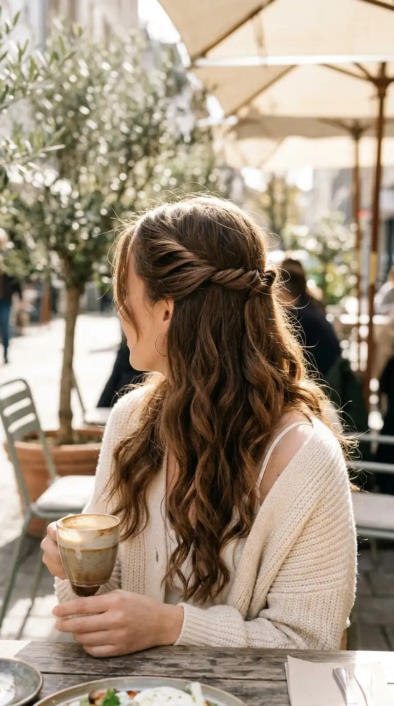 Half up half down hairstyles for long hair example, two twisted side sections pinned together at the back of the head over long loose waves