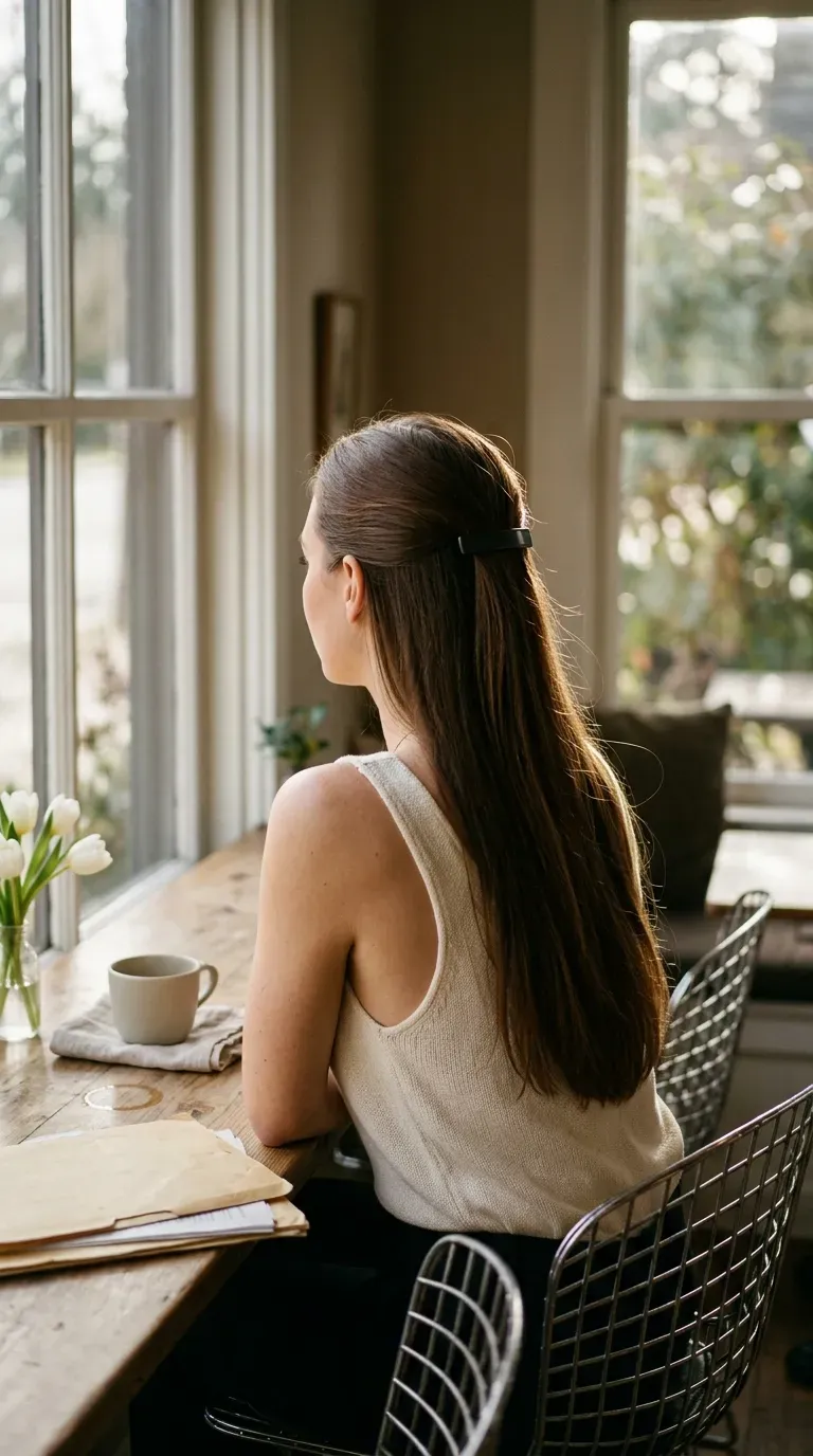 Three quarter back view of a half up half down style in a cafe