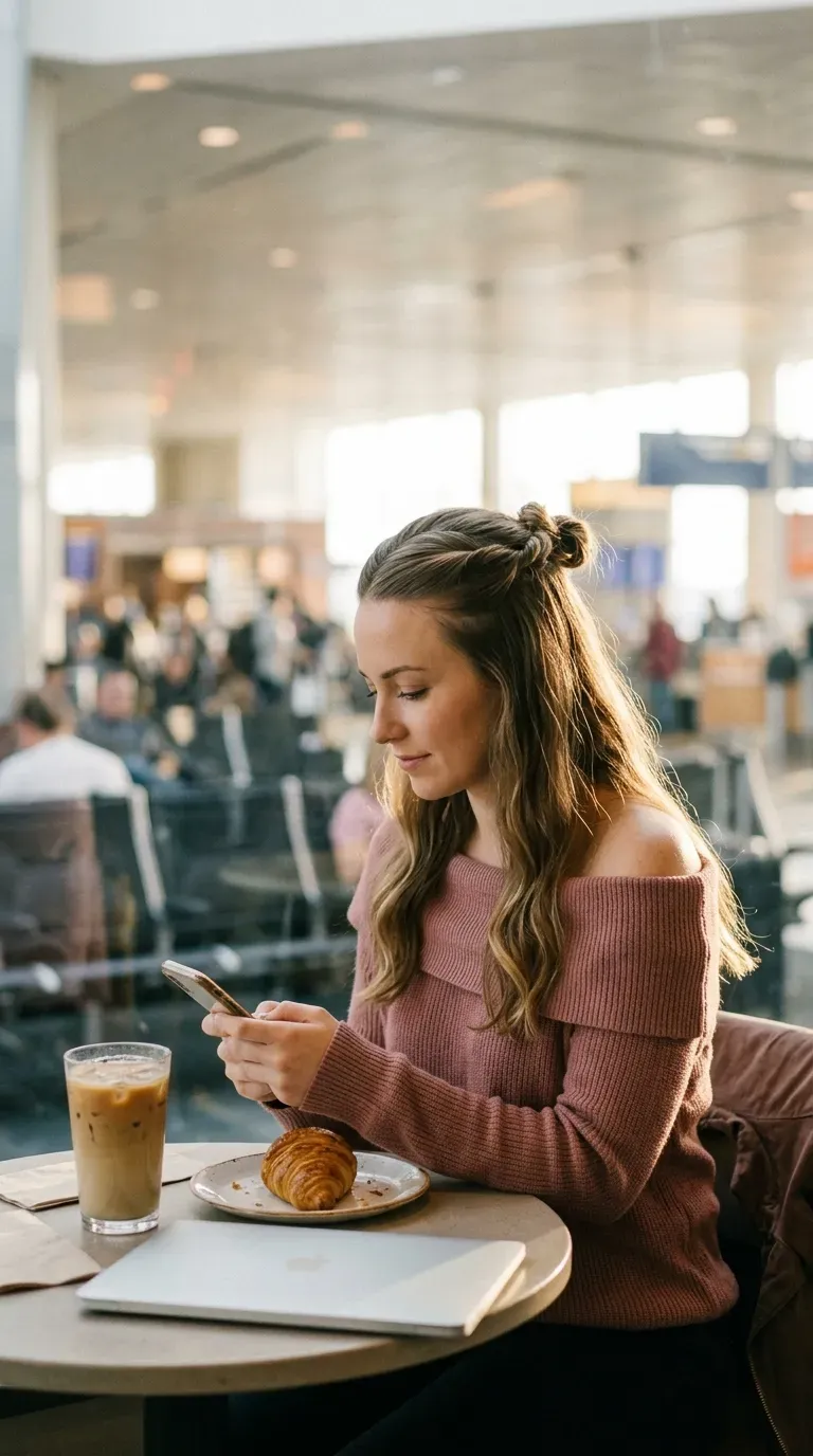 Three quarter view of a half up knot with loose hair at an airport cafe