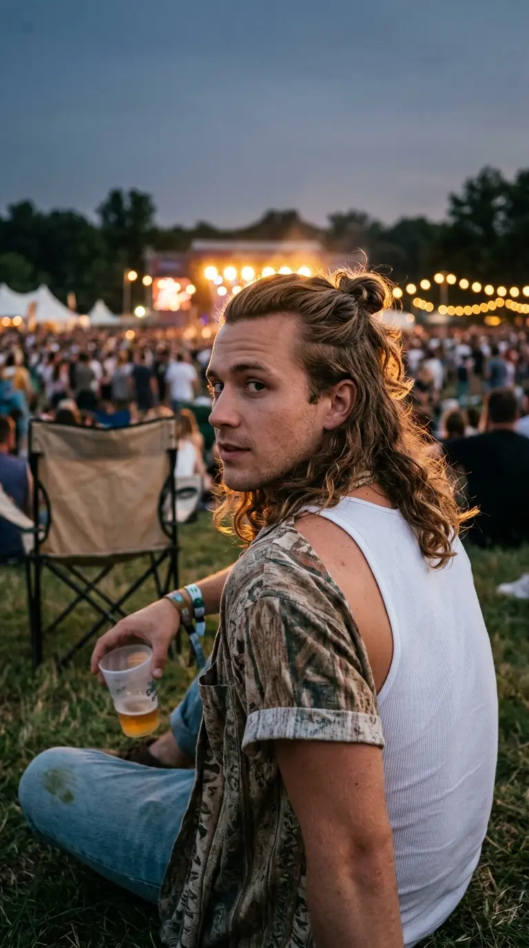 Over the shoulder view of a half up man bun at an outdoor music festival