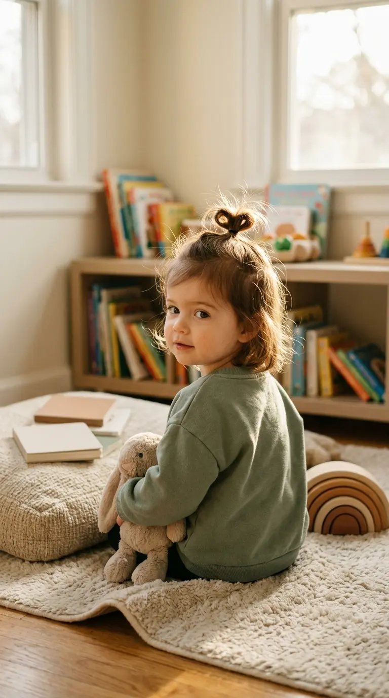 Over the shoulder view of a toddler with a half up mini bun