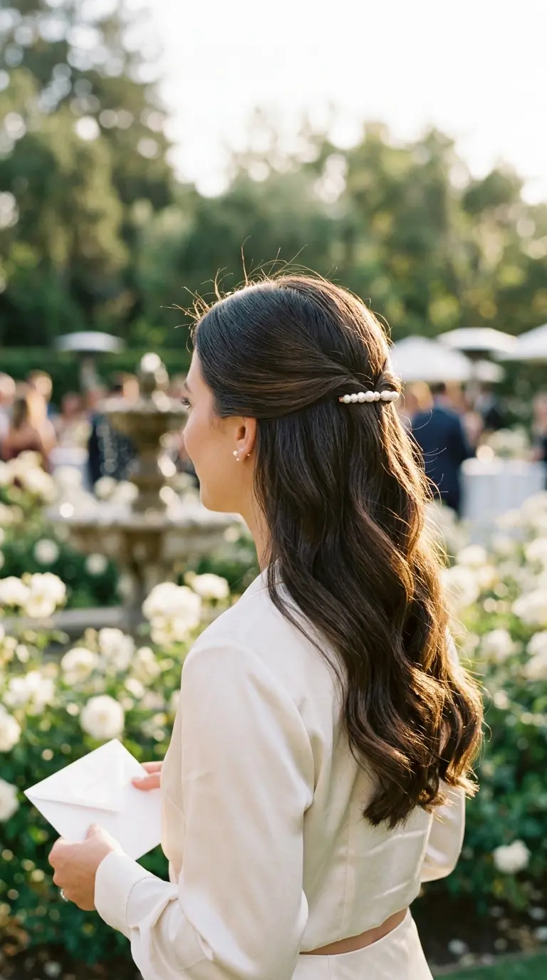 Back view of a smooth half up section held by a row of pearl barrettes above long glossy waves