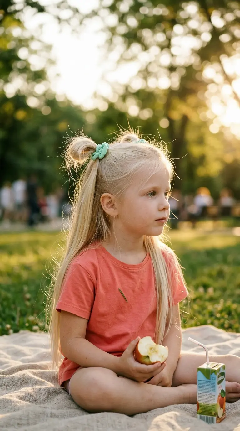 Three quarter front side view of a girl with two small half up pigtails and long hair left down
