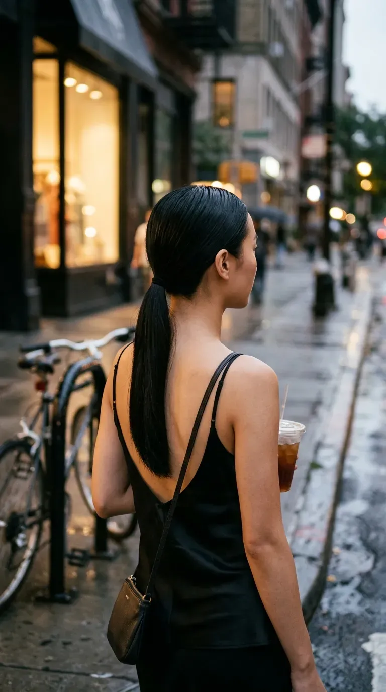 Over the shoulder view of a blonde half up ponytail flip through at a market