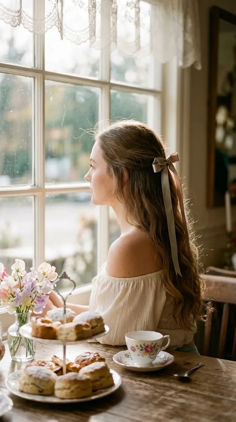 Side profile of a half up ponytail tied with a satin ribbon bow