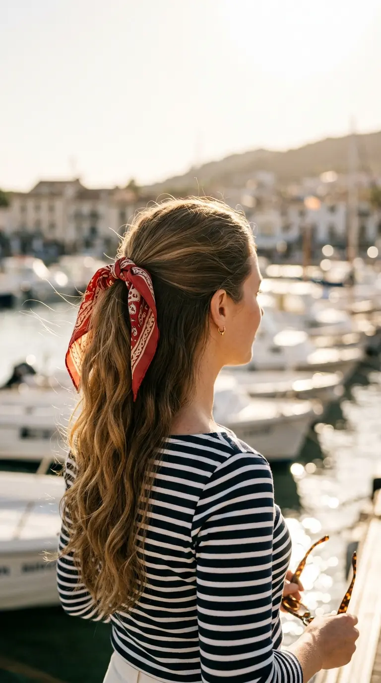 Three quarter back view of a printed silk scarf tied in a bow around a half up ponytail over long hair