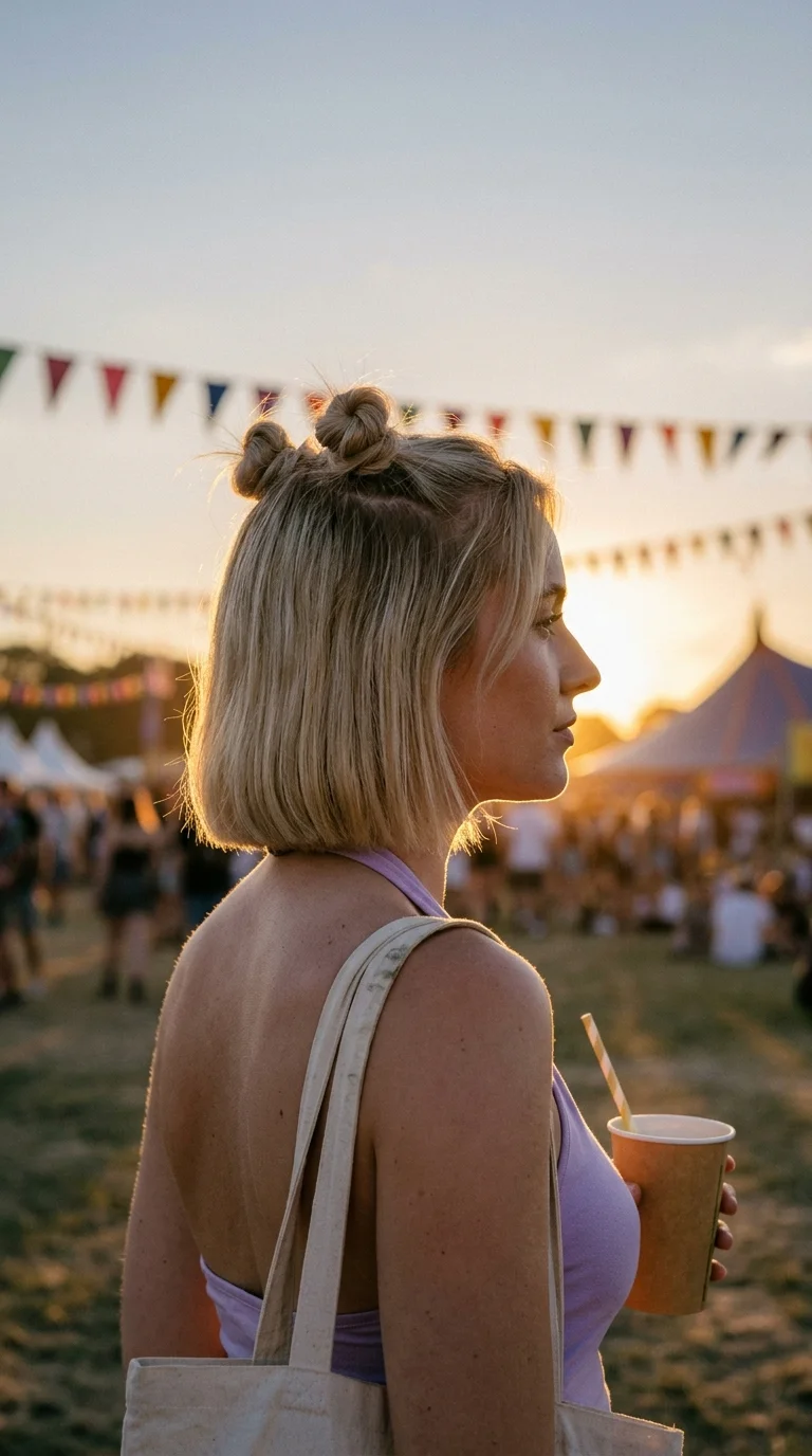Side profile of a light blonde chin length bob with two half up space buns
