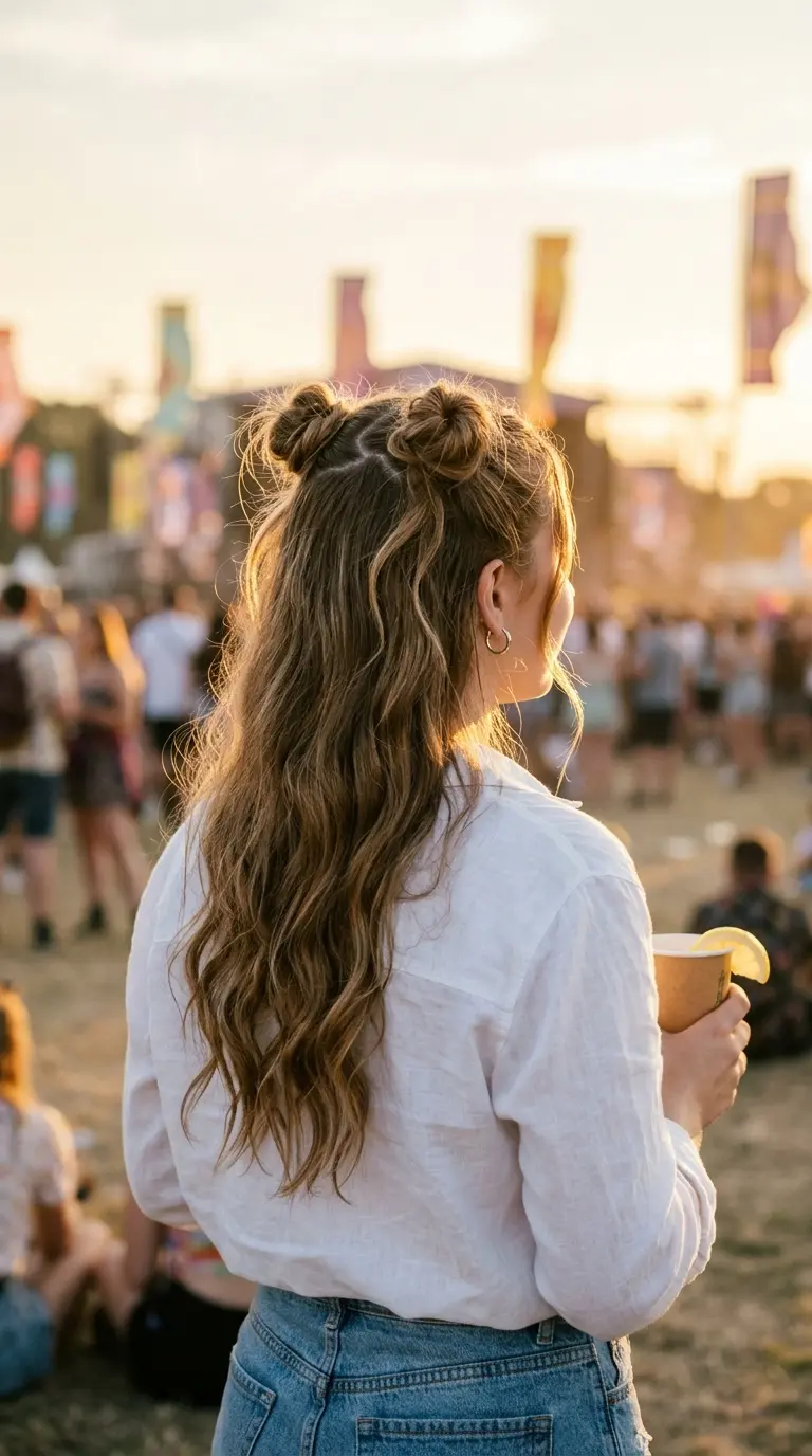 Back view of two small messy buns on top of the head with long loose waves falling below
