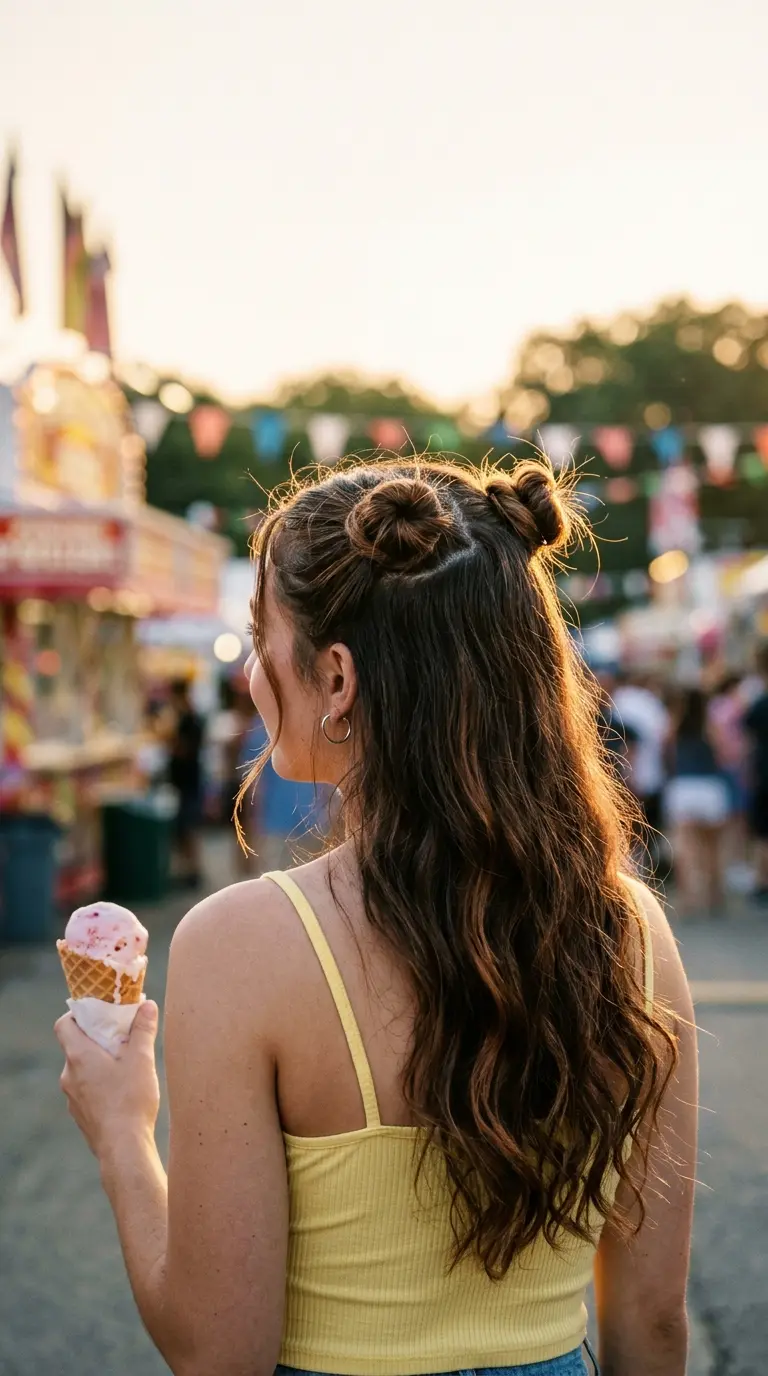 Back view of two small twisted buns on top of the head with long wavy hair hanging loose below
