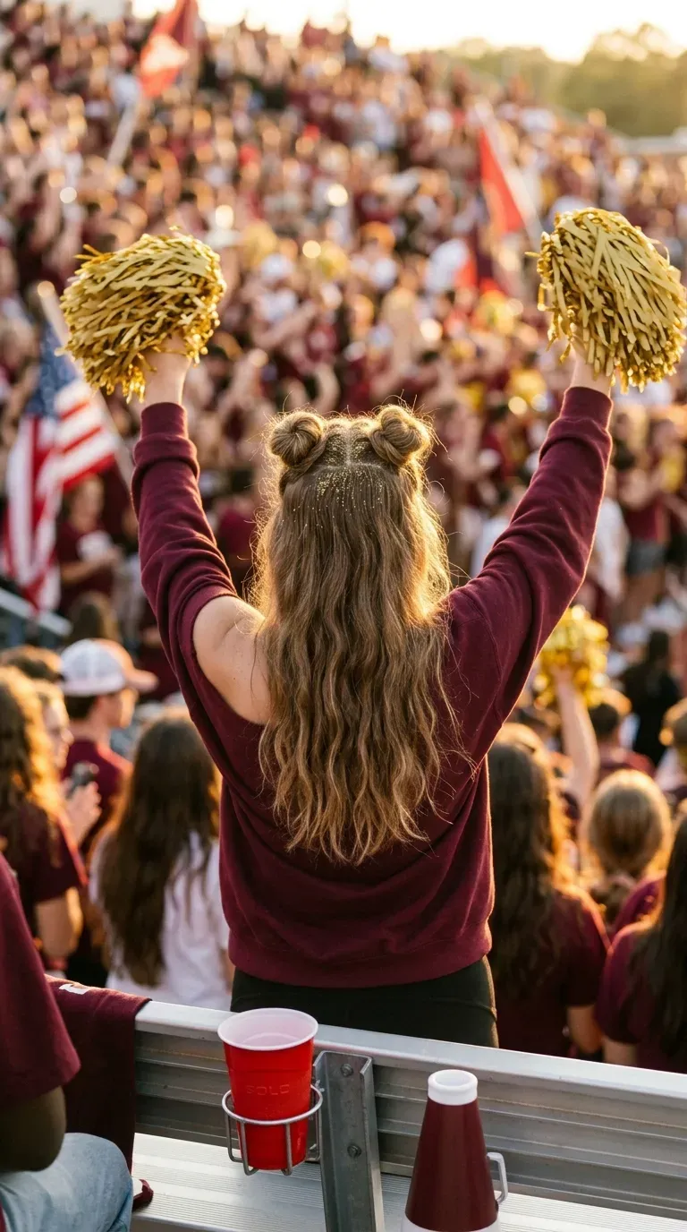 Half up space buns with loose waves in a crowded student section