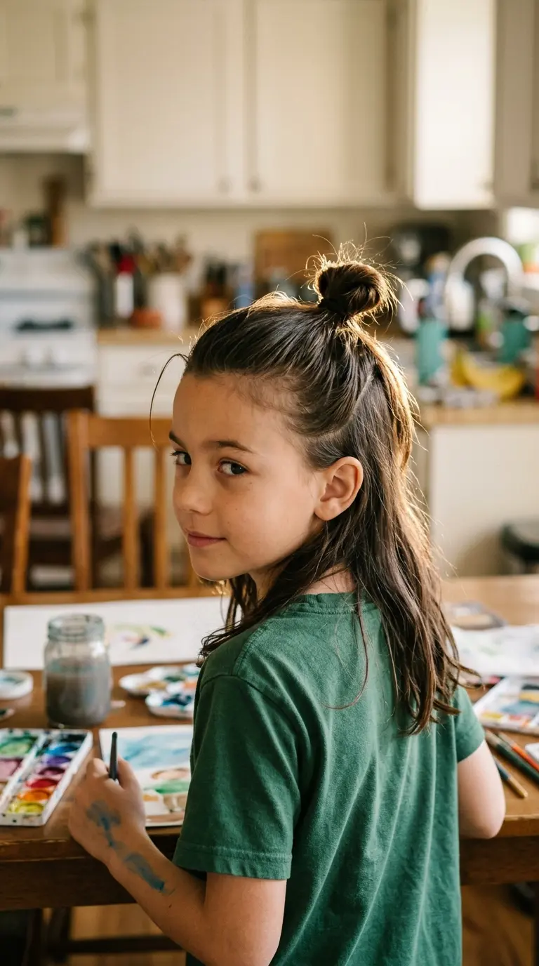 Over the shoulder view of a boy with a half up top knot painting