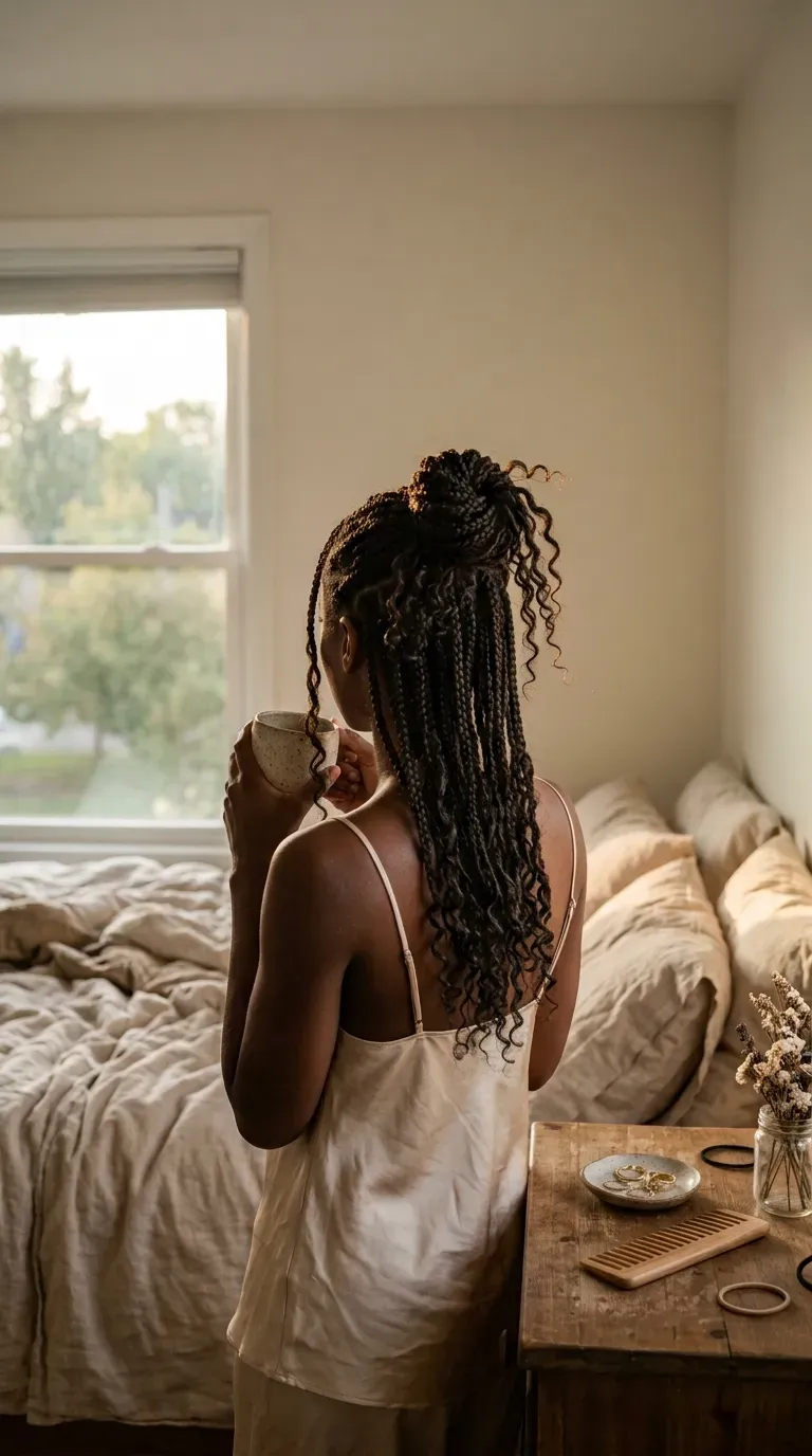 Half up top knot of curly knotless braids seen from behind near a bedroom window