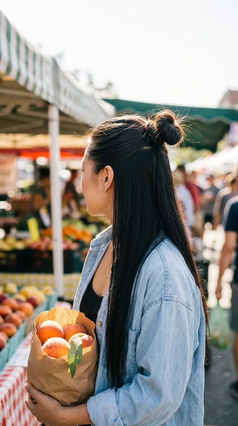 Three quarter back view of a messy half up top knot sitting on the crown above long straight hair