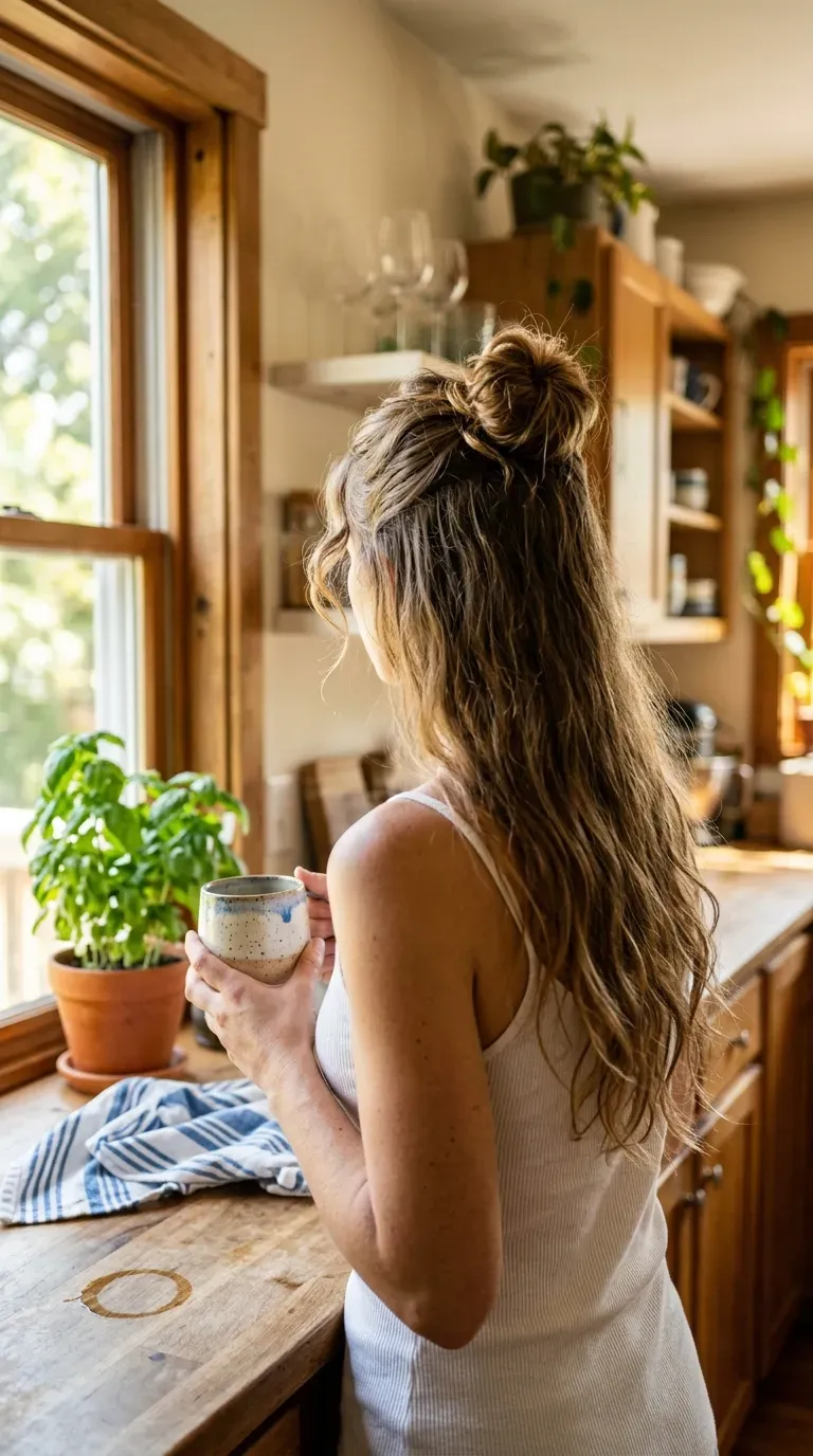 Long light brown hair in a messy half up top knot in sunny kitchen