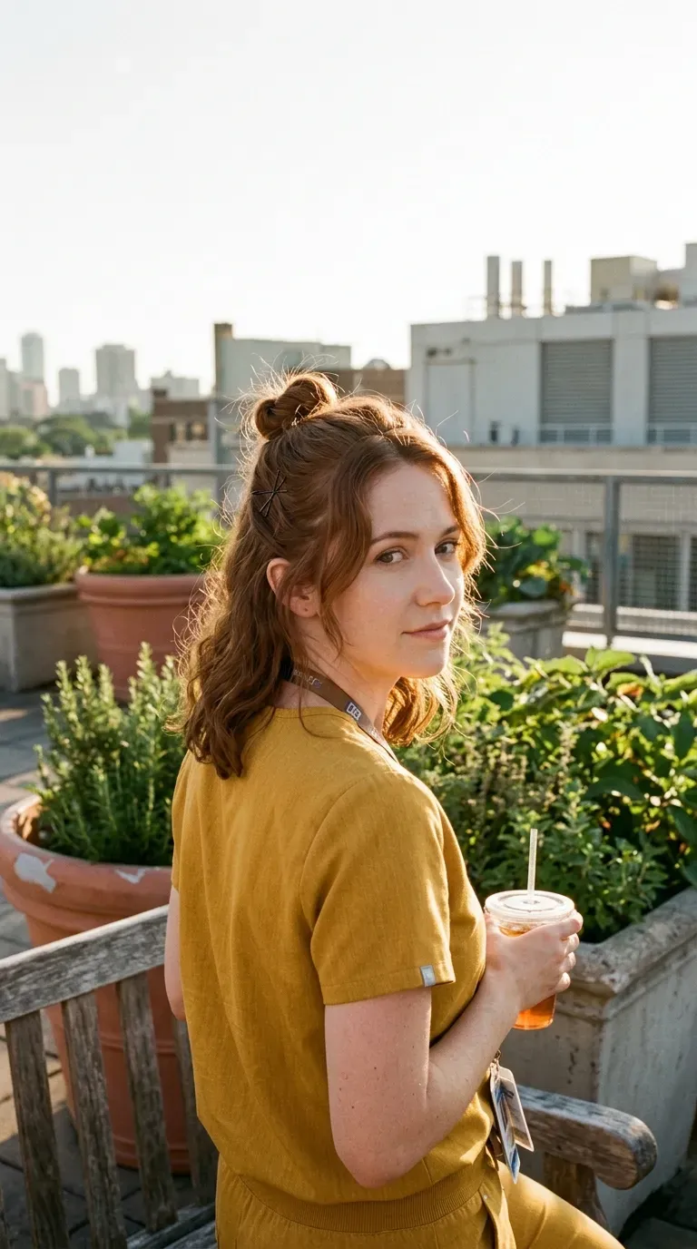 Over the shoulder view of a half up top knot on a hospital rooftop garden