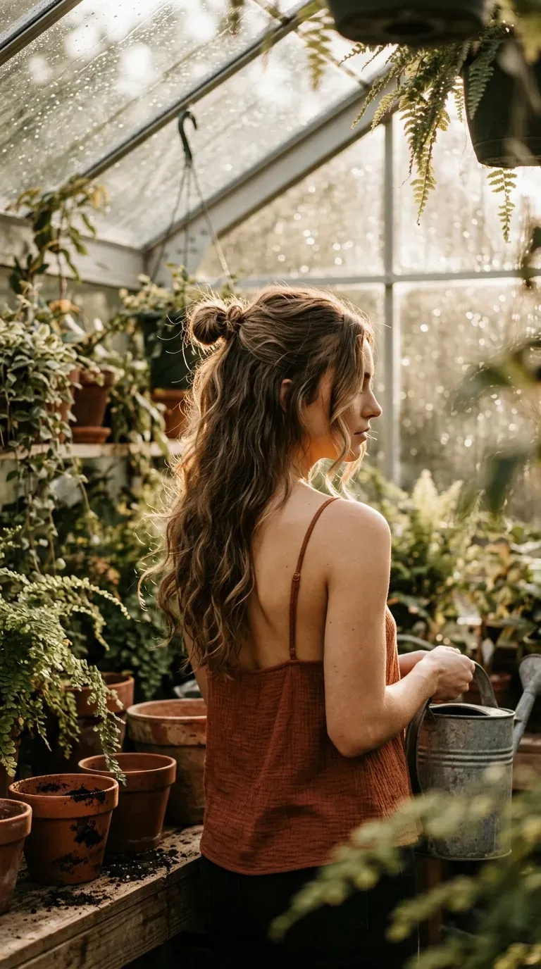 Three quarter back view of a half up top knot on wavy hair in a greenhouse