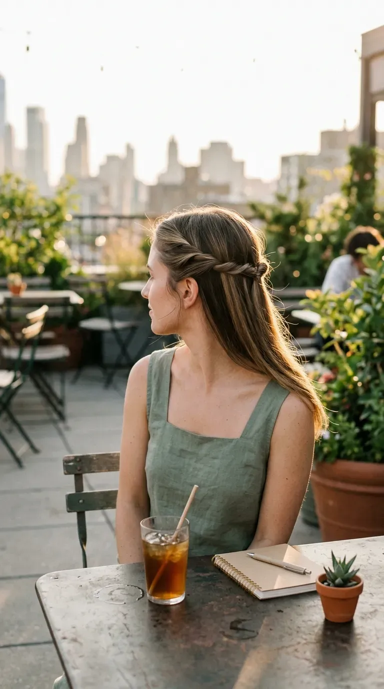 Side view of a half up twist with loose lengths on a rooftop terrace
