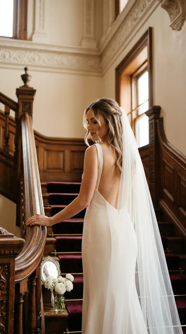 Over the shoulder view of a half up twist with a cathedral veil on a staircase