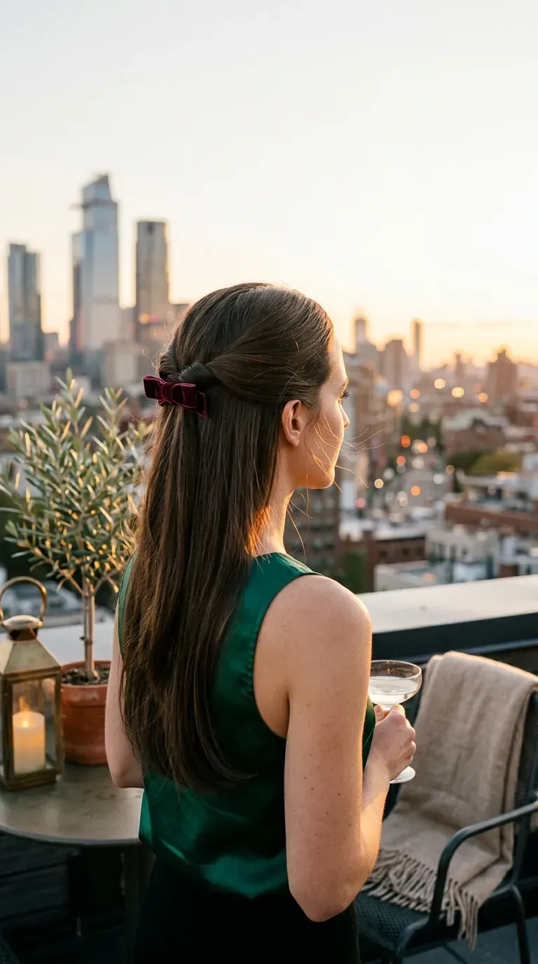 Side profile of a half up twist with a velvet bow at a rooftop party