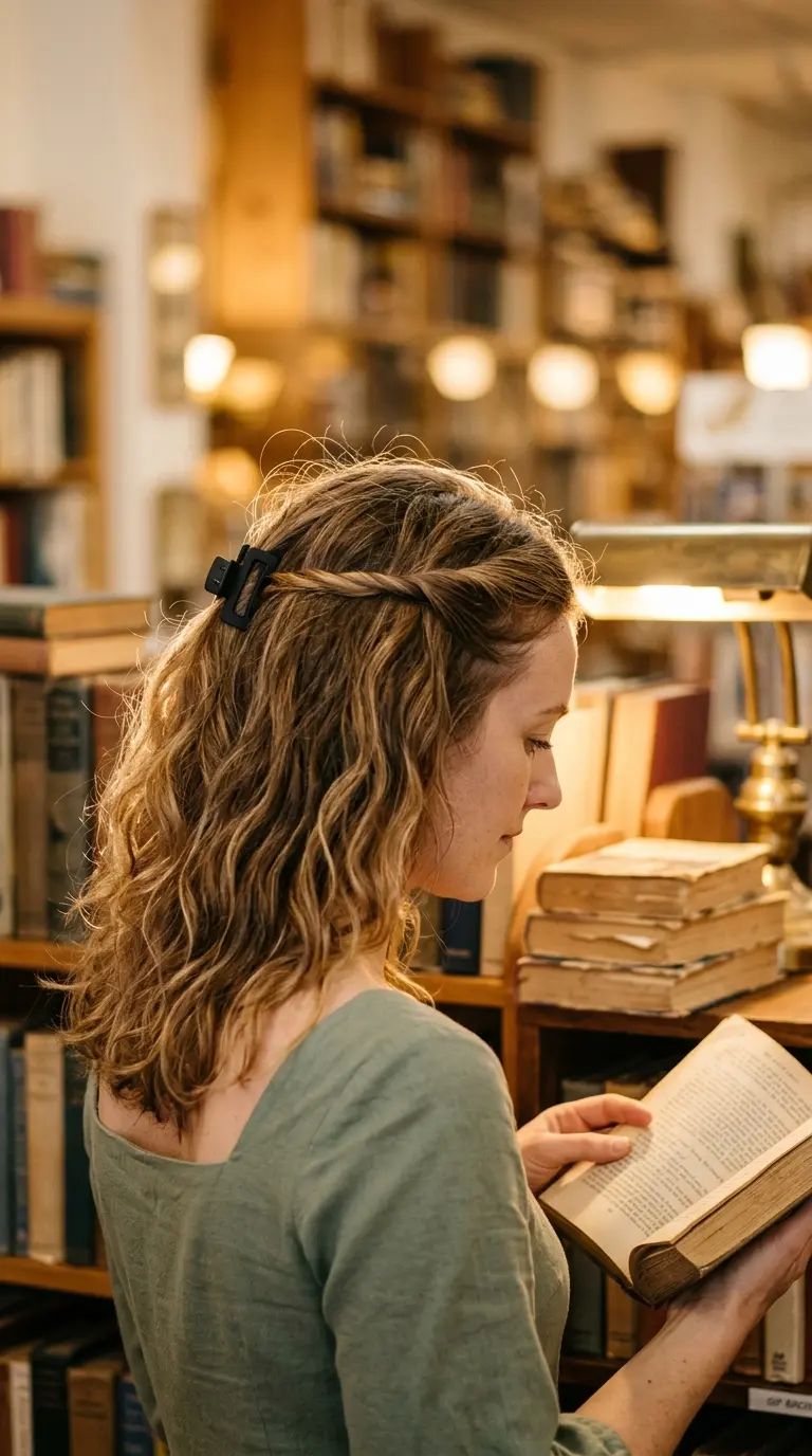 Side profile of light brown waves in a half up twist with a black clip