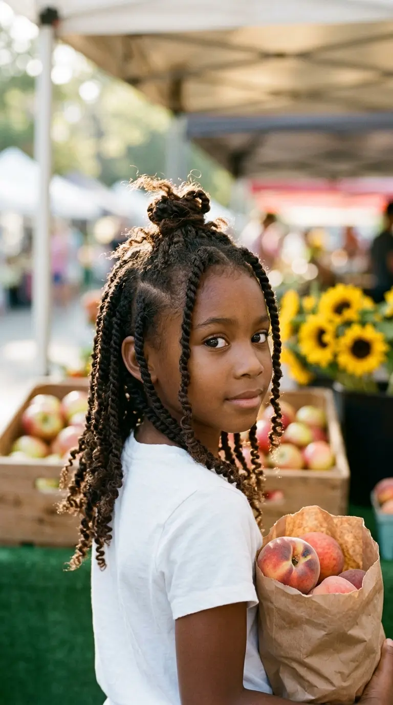 Over the shoulder view of a girl with a half up twisted top knot and twists hanging down