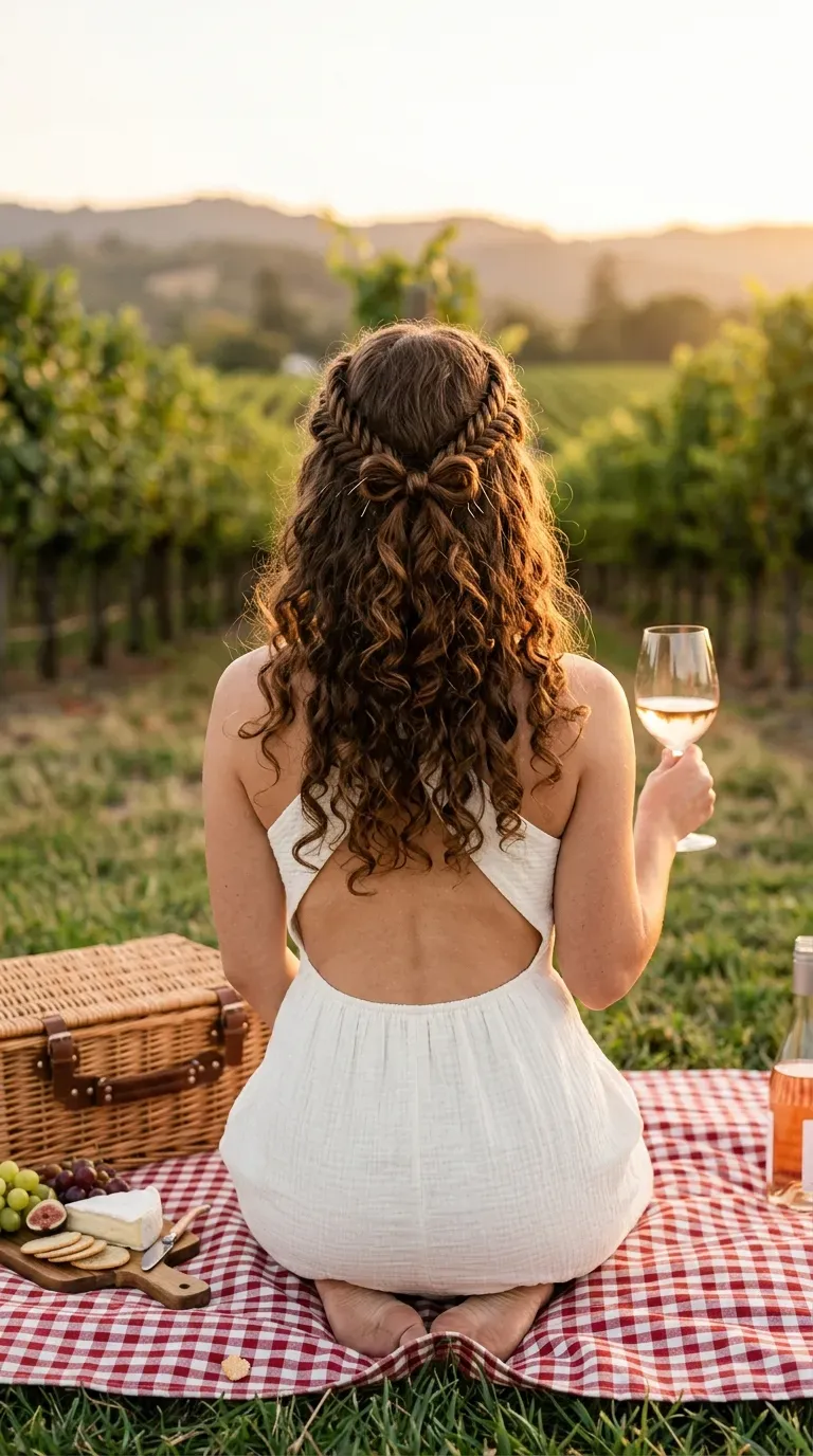 Braid running ear to ear across the head with honey blonde curls below it