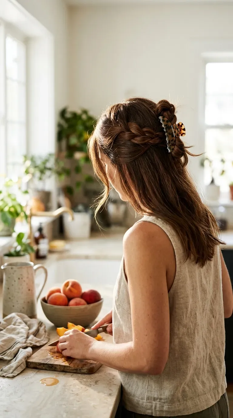 Back view of blonde halo braid circling the crown with loose hair below