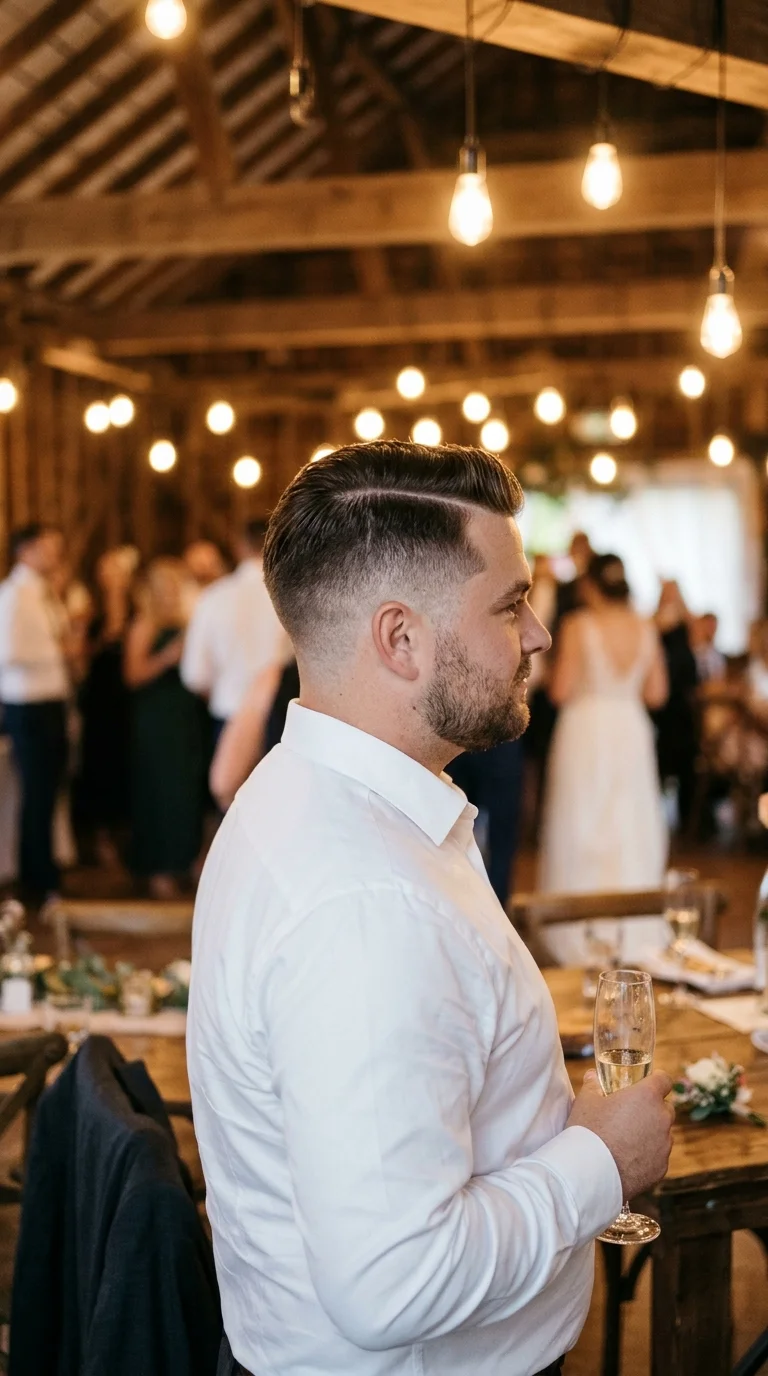 Three quarter view of a hard part comb over with high fade at a wedding