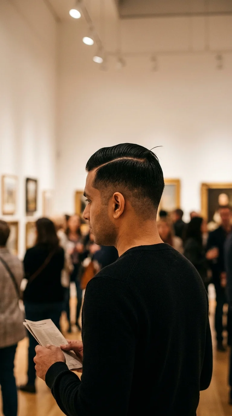 Three quarter back view of a man with a hard part comb over